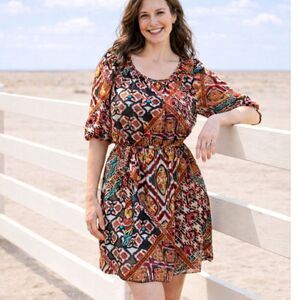Sweet Storm Boho Patchwork Mini Dress M Junior L Paisley Tie Waist Teal Rust Y2K